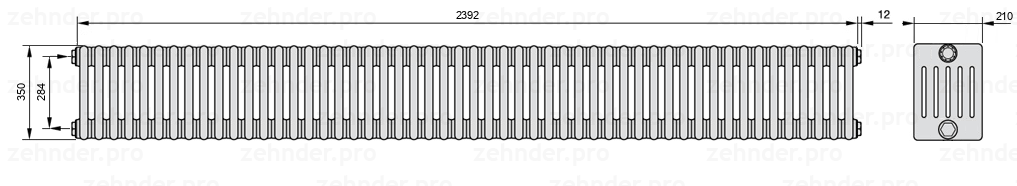 Схема (чертеж) Радиатор Zehnder Charleston 6035/52 №1270 Белый глянцевый RAL 9016